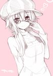  arm_behind_back bad_id bad_pixiv_id glasses hat long_hair looking_at_viewer mishima_kurone monochrome pink_background simple_background smile solo 
