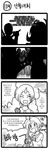  2girls 4koma comic green_dew greyscale highres horn irelia jewelry kennen korean league_of_legends monochrome multiple_girls necklace ninja shen shuriken silhouette soraka sword translated weapon 