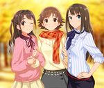  aran_sweater autumn blue_eyes blush brown_eyes brown_hair dani-ikapi hair_ornament hairclip half_updo hand_on_hip honda_mio idolmaster idolmaster_cinderella_girls locked_arms long_hair looking_at_viewer multiple_girls one_eye_closed one_side_up plaid plaid_scarf scarf shibuya_rin shimamura_uzuki shirt short_hair skirt sleeves_rolled_up smile striped striped_shirt sweater vertical-striped_shirt vertical_stripes 