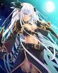  belt breasts cleavage dagger dual_wielding e-nya hair_ornament holding long_hair medium_breasts midriff moon moonlight moriah_saga navel night night_sky pointy_ears silver_hair skirt sky solo thighhighs tree very_long_hair weapon yellow_eyes 