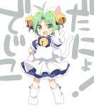  ahoge animal_ears bad_id bad_pixiv_id bell blush cat_ears cat_tail commentary_request dejiko di_gi_charat gloves green_eyes green_hair hand_on_hip jingle_bell looking_at_viewer mishima_kurone open_mouth short_hair simple_background solo tail translated v white_background 