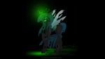  black_background cat_eyes changeling falleninthedark fangs female friendship_is_magic glowing green_eyes green_hair green_theme hair holes horn long_hair looking_at_viewer magic my_little_pony plain_background princess_cadance_(mlp) slit_pupils smile solo standing straight_hair wings 