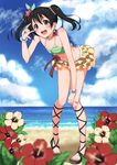  :d \m/ bad_id bad_pixiv_id beach bikini black_hair blush cloud cross-laced_footwear day flower fupe_(sealno108) hair_flower hair_ornament hand_on_own_knee hibiscus highres jewelry leaning_forward love_live! love_live!_school_idol_project nail_polish natsuiro_egao_de_1_2_jump! necklace ocean open_mouth outdoors red_eyes sandals short_hair sky smile solo swimsuit toenail_polish twintails water wedge_heels yazawa_nico 