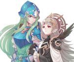  1girl 2girls armor belt blue_armor blue_eyes breastplate cape crown detached_sleeves fire_emblem fire_emblem:_souen_no_kiseki fire_emblem_heroes gloves green_eyes green_hair grey_hair hair_ornament helmet highres kokouno_oyazi long_hair multiple_girls nephenee nintendo red_eyes shoulder_armor simple_background smile veronica_(fire_emblem) 