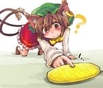  :3 ? all_fours amulet_coin animal_ears bow brown_eyes brown_hair cat_ears cat_tail chen commentary dress ear_piercing hat jewelry long_sleeves mob_cap multiple_tails nekomata piercing pun red_dress shinapuu shirt single_earring solo tail touhou 