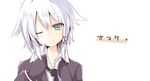  anceril_sacred bad_id bad_pixiv_id gloves green_eyes looking_at_viewer mishima_kurone necktie one_eye_closed original shirokami_project simple_background smile solo upper_body white_background white_hair 