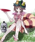  animal_ears bad_id bad_pixiv_id barefoot bell bow brown_eyes brown_hair cup futatsuiwa_mamizou glasses gourd hat hizuki_arata looking_at_viewer raccoon_ears raccoon_tail sakazuki shoes single_shoe sitting smile tail touhou 