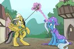  blue_hair bush cape daring_do_(mlp) door duo equine female friendship_is_magic glowing grass grey_hair hair hat horn horse house magic mammal mountain multi-colored_hair my_little_pony outside pegasus pony purple_eyes rope sky sophiecabra trixie_(mlp) two_tone_hair unicorn whip white_hair wings wizard_hat 