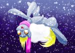  blonde_hair cloud cutie_mark derpy_hooves_(mlp) equine female feral friendship_is_magic fur grey_fur hair horse kelisah long_hair lying mammal my_little_pony on_back open_mouth outside pegasus pony scarf smile snow snowing solo wings yellow_eyes 