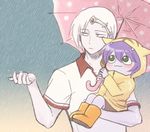  1girl :3 alternate_costume boots carrying coat colorized green_dew holding holding_umbrella league_of_legends lulu_(league_of_legends) purple_hair purple_skin rain shared_umbrella shirt t-shirt tiara umbrella varus white_hair yordle 