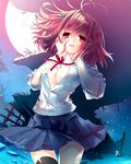  black_legwear blood blush breasts cleavage e-nya hair_bobbles hair_ornament hands_on_own_cheeks hands_on_own_face medium_breasts moon moriah_saga night night_sky no_bra open_clothes open_mouth pink_hair red_eyes ruins school_uniform short_hair skirt sky sleeves_rolled_up solo star_(sky) thighhighs torn_clothes unbuttoned 