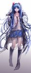  blue_eyes blue_hair hatsune_miku highres kinven kneehighs long_hair skirt solo twintails very_long_hair vocaloid 