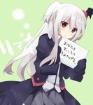  bad_id bad_pixiv_id blush green_background liana_(mishima_kurone) long_hair mishima_kurone original oversized_clothes red_eyes simple_background sleeves_past_fingers sleeves_past_wrists solo translated very_long_hair white_hair 