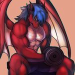  anthro biceps big_muscles blue_eyes blue_hair clothing dragon hair horn istani male muscles pecs plain_background pose red_body red_dragon red_skin reptile scales scalie sebin shorts sitting solo teeth toned topless weightlifting weights wings 