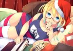  blonde_hair blue_eyes book breasts christmas cleavage eating food glasses hat i-8_(kantai_collection) kantai_collection large_breasts one-piece_swimsuit red-framed_eyewear ribbon santa_hat school_swimsuit semi-rimless_eyewear solo stollen swimsuit thighhighs under-rim_eyewear wara_(warapro) white_legwear 