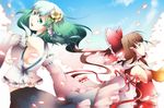  bare_shoulders bow breasts brown_hair detached_sleeves flower green_eyes green_hair hair_bow hair_flower hair_ornament hair_ribbon hakurei_reimu highres kochiya_sanae large_breasts long_hair multiple_girls open_mouth petals pomeko_(13521433) ribbon sideboob smile touhou 