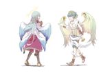  angel archangel_gabriel_(p&amp;d) archangel_michael_(p&amp;d) bad_id bad_pixiv_id blue_hair glasses green_hair halo madocca multiple_boys puzzle_&amp;_dragons red_eyes scroll simple_background stone_tablet white_background wings 