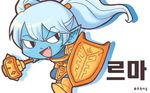  :d armor blue_skin chibi fang green_dew korean league_of_legends open_mouth pointy_ears poppy shadow shield smile solo twintails warhammer weapon white_hair yordle 