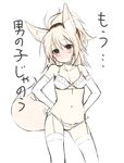  animal_ears blonde_hair blush bra brown_eyes elbow_gloves fox_ears fox_tail garter_straps gloves hands_on_hips long_hair navel nekomu original panties ponytail smile solo tail thighhighs translation_request underwear underwear_only 