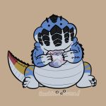  3_fingers 3_toes blue_skin dodogama eating lazycookieburr looking_at_viewer male monster_hunter_world multicolored_body multicolored_tail overweight rock simple_background sitting solo toes 