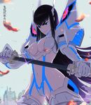  bad_id bad_pixiv_id bakuzan black_hair blue_eyes boots breasts character_name cleavage cleavage_cutout evil_smile hair_ornament highres junketsu kill_la_kill kiryuuin_satsuki large_breasts moke-re-mubenbe navel revealing_clothes sheath smile solo suspenders sword thigh_boots thighhighs translated unsheathing weapon 