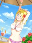  ayase_eli beach bee_con25 bikini blonde_hair blue_eyes day drink flower hair_flower hair_ornament hibiscus highres long_hair love_live! love_live!_school_idol_project o-ring o-ring_top one_eye_closed ponytail smile solo stretch striped striped_bikini swimsuit tropical_drink 