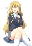  blazer blonde_hair cup eyebrows eyes_closed footwear happy hard_translated k-on! kotobuki_tsumugi kugui_kiyunemu legs_crossed long_hair miniskirt open_mouth pleated_skirt ribbon school_uniform simple_background sitting skirt smile socks solo teacup translated white_legwear 