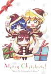  2boys :d ^_^ ^o^ aladdin_(magi) ali_baba_saluja alternate_costume artist_request blonde_hair blue_hair blush bobblehat box braid christmas closed_eyes english expressionless gift gift_box happy hat highres long_hair looking_at_viewer magi_the_labyrinth_of_magic merry_christmas morgiana multiple_boys open_mouth red_eyes red_hair ribbon santa_costume santa_hat short_hair simple_background smile tareme white_background yellow_eyes 