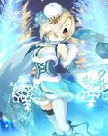  artist_request bags_under_eyes ballet_slippers bare_shoulders blonde_hair blush brown_eyes corset dress fur hair_ornament hair_over_one_eye hat idolmaster idolmaster_cinderella_girls official_art scarf shirasaka_koume short_hair skirt smile snowflakes solo star thighhighs white_legwear wide_sleeves 