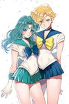  arutera back_bow bad_id bad_pixiv_id banned_artist bishoujo_senshi_sailor_moon blonde_hair blue_choker blue_sailor_collar blue_skirt bow choker earrings gloves green_hair highres jewelry kaiou_michiru multiple_girls outer_senshi sailor_collar sailor_neptune sailor_senshi_uniform sailor_uranus school_uniform serafuku short_hair simple_background skirt ten'ou_haruka thighs very_short_hair white_background white_gloves yellow_bow 