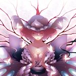  breasts bug butterfly cleavage collarbone dress frills glowing insect japanese_clothes large_breasts lips pink_eyes pink_hair pomeko_(13521433) saigyouji_yuyuko solo touhou triangular_headpiece 