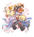  &gt;_&lt; 3boys 96alba ahoge animal_ears animal_hood black_pants blazblue blonde_hair blush bodysuit brothers cape cat_ears cat_hood cat_tail closed_eyes eyepatch hair_weapon heart heterochromia highres hood hug jin_kisaragi jubei_(blazblue) multiple_boys multiple_girls nu-13 pants ragna_the_bloodedge siblings silver_hair tail taokaka 