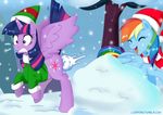  clothing coat cutie_mark duo equine eyes_closed female feral friendship_is_magic frown fur hair hat horn horse long_hair loopend mammal multi-colored_hair my_little_pony open_mouth outside pegasus pony purple_eyes purple_fur purple_hair rainbow_dash_(mlp) rainbow_hair scarf shocked smile snow snowball snowing standing teeth tree twilight_sparkle_(mlp) winged_unicorn wings 