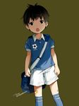  ball bandaid black_eyes black_hair looking_at_viewer male_focus noeyebrow_(mauve) open_mouth original shorts signature simple_background soccer_ball socks solo standing telstar 