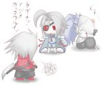  2boys ahoge blazblue bodysuit cape chibi eyepatch hakumen multiple_boys nu-13 piza_poteto protecting ragna_the_bloodedge silver_hair sweatdrop sword translated weapon 