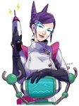  &gt;_&lt; arms_up bangs belt closed_eyes double_bun drill_hair energy_gun gloves gyakuten_saiban gyakuten_saiban_5 head_tilt heart lips lipstick looking_at_viewer makeup parted_lips ponta_(gyakuten_saiban) purple_hair ray_gun robot short_hair signature simple_background smile solo suzuki_hayase swept_bangs twin_drills twintails visor weapon white_background yuugami_kaguya 