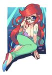  ;) ariel_(disney) bespectacled bikini_top blue_eyes borrowed_design breasts cleavage cropped earrings eyeshadow gashi-gashi glasses grin hipster humanization jewelry large_breasts long_hair makeup md5_mismatch one_eye_closed pants pumps red_hair semi-rimless_eyewear shell shell_bikini sitting smile solo tattoo the_little_mermaid under-rim_eyewear yokozuwari 