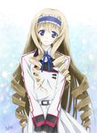  artist_name belt blonde_hair blue_background blue_eyes blue_hairband blush cecilia_alcott dated drill_hair frills hairband highres infinite_stratos kem_kem long_hair long_sleeves looking_at_viewer neck_ribbon open_mouth ribbon school_uniform signature smile solo v_arms very_long_hair 