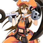  anchor belt brown_eyes brown_hair fang fingerless_gloves gloves guilty_gear hat heart long_hair may_(guilty_gear) midriff orange_hat orange_shirt pirate pirate_hat ponkotsu shirt shorts skull_and_crossbones smile solo 