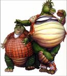  anthro bottomless burger dinosaur dinosaurs dinosaurs_(series) duo earl_sinclair food male midriff overweight robbie_sinclair scalie sinclair size_difference theropod unknown_artist 