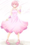  bare_shoulders blush closed_eyes cokua dress facing_viewer high_heels highres original pink_dress pink_hair short_hair simple_background smile solo white_background 