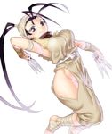  ankle_wrap antenna_hair armor bandages bandana barefoot between_fingers black_hair breasts dual_wielding hair_pulled_back high_ponytail hip_vent holding ibuki_(street_fighter) japanese_armor kote kunai large_breasts long_hair ninja onsoku_maru pants solo street_fighter weapon 