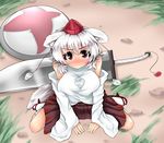  animal_ears bare_shoulders blush breasts detached_sleeves from_above hat huge_breasts hydrant_(kasozama) inubashiri_momiji red_eyes shield sitting solo sword tail tears tokin_hat touhou wariza weapon white_hair wolf_ears wolf_tail 