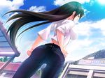  1girl aneimo_neo_+_second_sister ass black_hair breasts building cloud clouds denim game_cg hand_on_hip highres jeans large_breasts legs long_hair looking_away pants serious shinonome_kasuhiko shinonome_kazuhiko sideboob sky solo standing thighs wind 