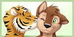  anthro black_nose brown_fur canine cute dog eyes_closed feline fur gay green_eyes happy kissing love male mammal nathan one_eye_closed pink_nose plain_background portrait romantic side_view stripes tiger wagnermutt yellow_fur 