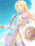  1girl alternate_costume blonde_hair blue_eyes breasts copyright_name female long_hair monji_(nobanashi_areno) open_mouth shield side_slit sideboob solo sophitia_alexandra soul_calibur soulcalibur_i sword thighhighs thighs weapon 