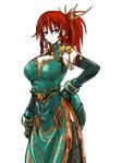  alternate_costume alternate_hairstyle armor blue_eyes breasts closed_mouth earrings gloves hand_on_hip highres hong_meiling jewelry large_breasts ledjoker07 long_hair red_hair ribbon shoulder_pads solo touhou 