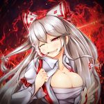  black_hair bow breasts cigarette colorized cube85 fire fujiwara_no_mokou grey_hair hair_bow highres large_breasts long_hair one_eye_closed pitui1996 red_eyes sarashi silver_hair smile solo touhou v 