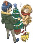  1girl aisaka_taiga animal_ears blue_hair blush brown_eyes brown_hair christmas christmas_tree height_difference hifumi long_hair palmtop_tiger pantyhose scarf short_hair simple_background smile takasu_ryuuji toradora! white_background 