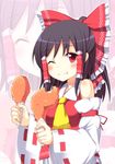  bare_shoulders black_hair bow detached_sleeves eating fried_chicken hair_bow hair_tubes hakurei_reimu one_eye_closed ponytail red_eyes shefu solo touhou 